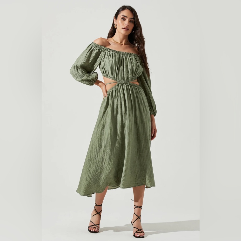 ASTR the Label Cassian Cut Off Shoulder Midi Dress